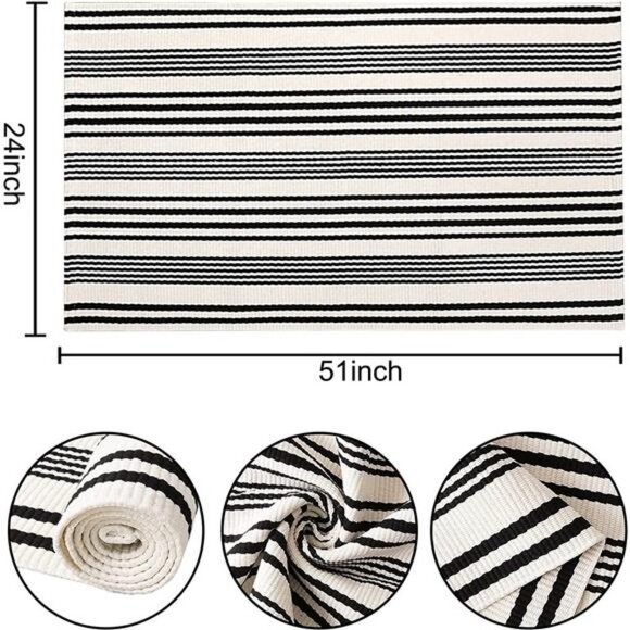 Black & White Striped24'' x 51'' Front Porch Rug Hand-Woven Machine Washable Mat - Picture 3 of 6